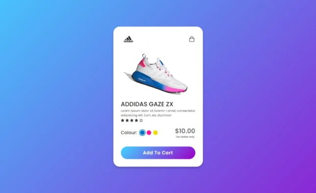 Animated product card example using HTML and CSS with responsive design