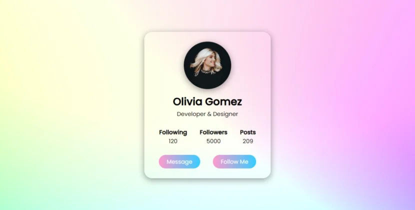 Stylish Profile Card in HTML and CSS displaying user details like name, profession, and social media metrics.