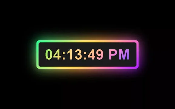 Digital Clock with Glowing Effect showcasing real-time, crafted using HTML and CSS for a vibrant and colorful appearance.