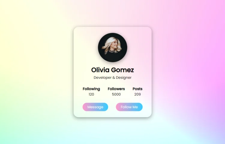 Stylish Profile Card in HTML and CSS displaying user details like name, profession, and social media metrics.